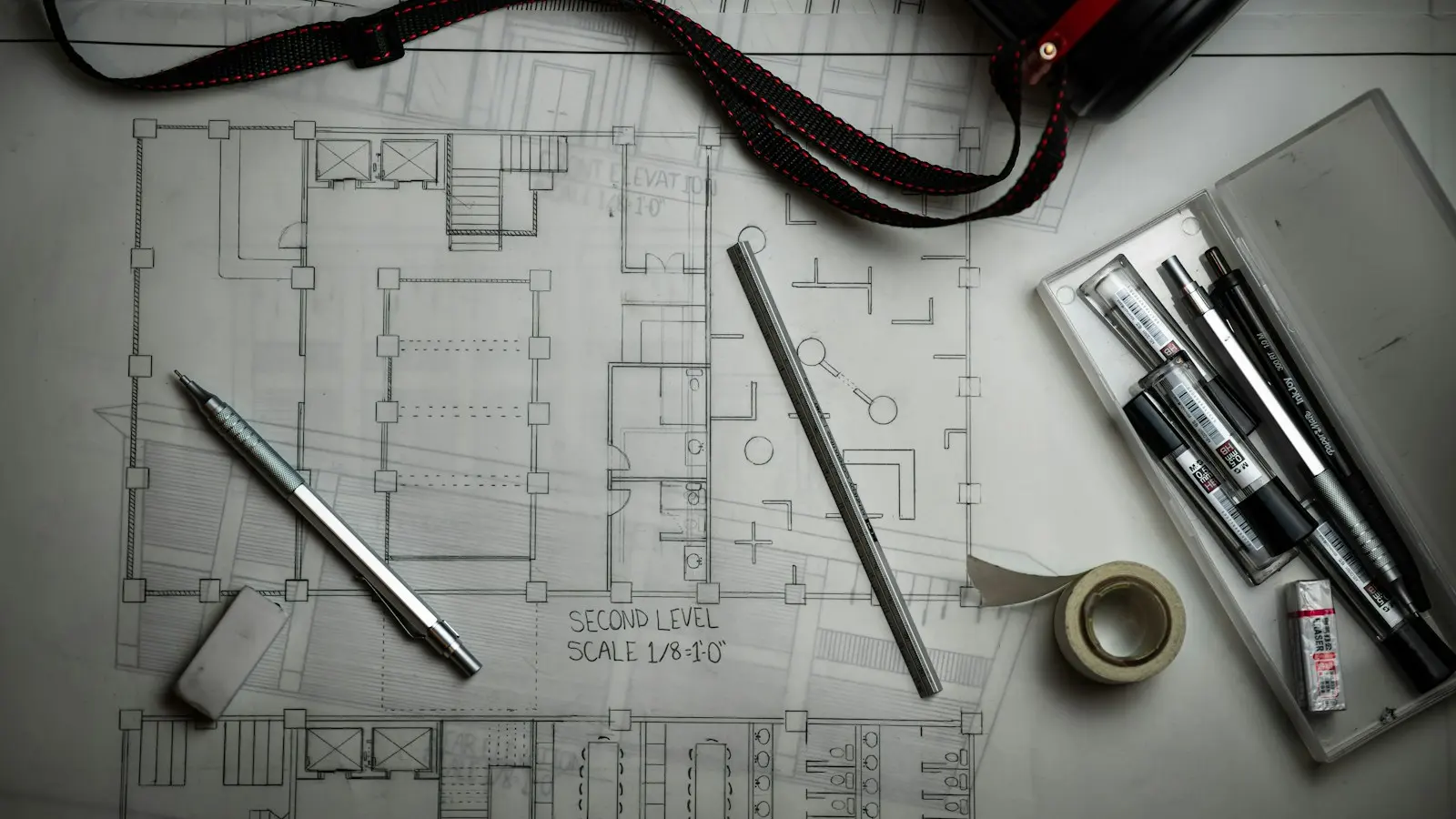 Plans de bâtiment, règle et crayons sur une table de travail (photo d'illustration)