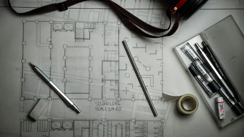 Plans de bâtiment, règle et crayons sur une table de travail (photo d'illustration)
